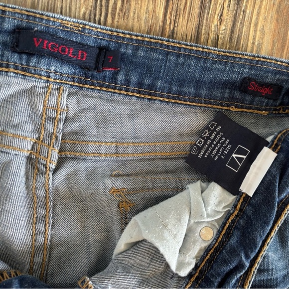 Vigold Straight Jeans Womens Juniors 7 Dark Wash Blue Denim Whiskers Embroidered - Picture 10 of 12